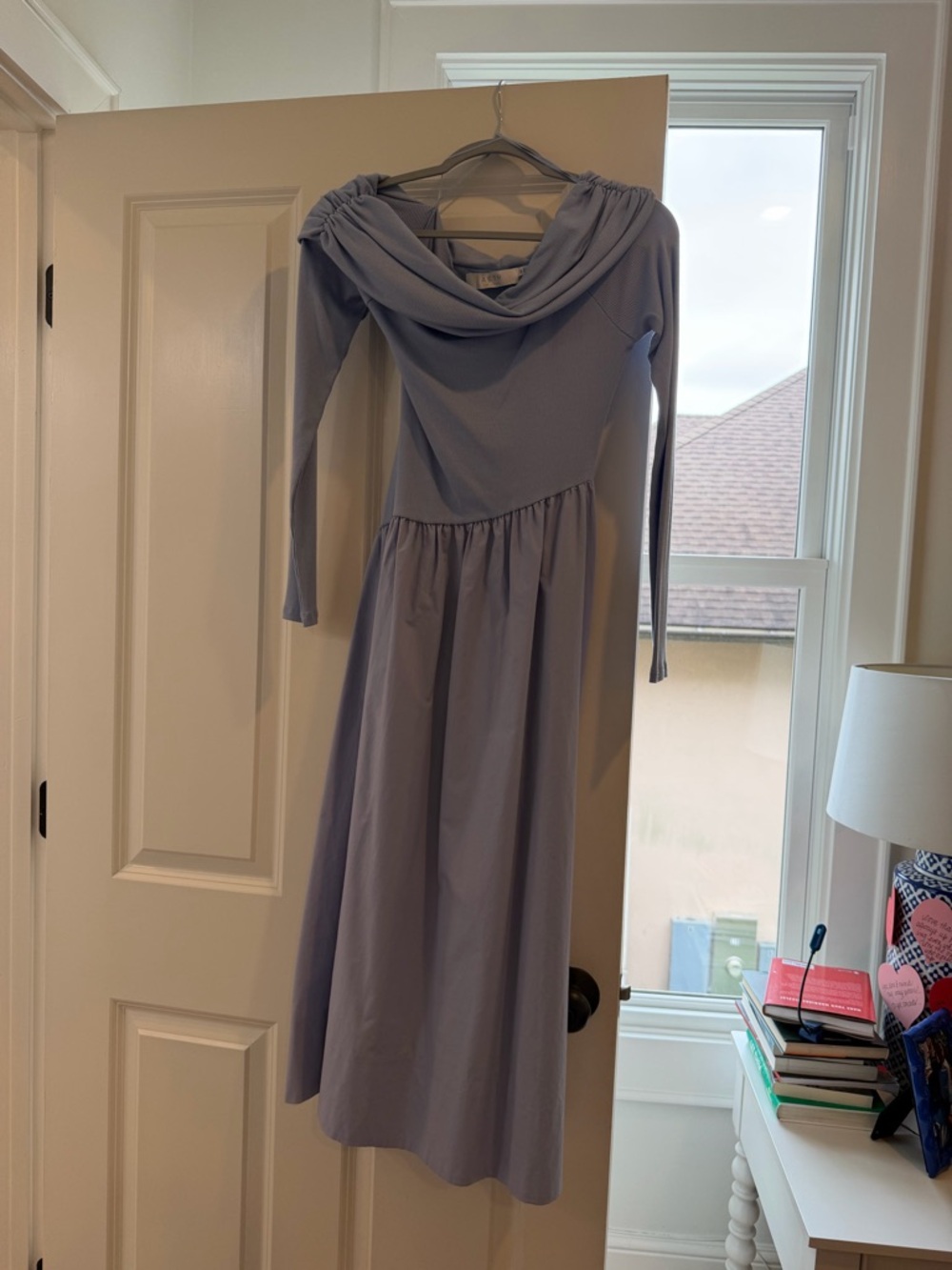 Astr Pastel Blue Off-the-Shoulder Long Sleeve Midi Dress